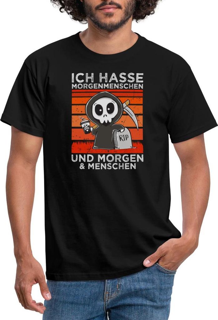 Spreadshirt Ich Hasse Morgenmenschen Lustiger Sensenmann Männer T-Shirt, 4XL, Schwarz