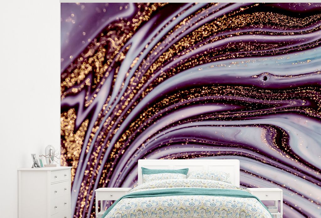 MuchoWow Fototapete für Wohnzimmer oder Schlafzimmer Wandtapete Vinyl Motivtapete Marmor - Rosa - Gold - Glitter - Marmoroptik - Luxus - 300x240...