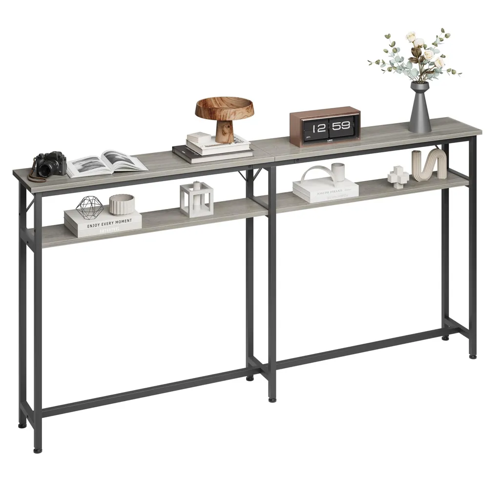 Table console grise 180 cm de long avec étagère pour entrée et couloir