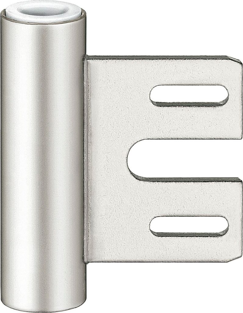 A close-up studio shot of a metal door hinge component.