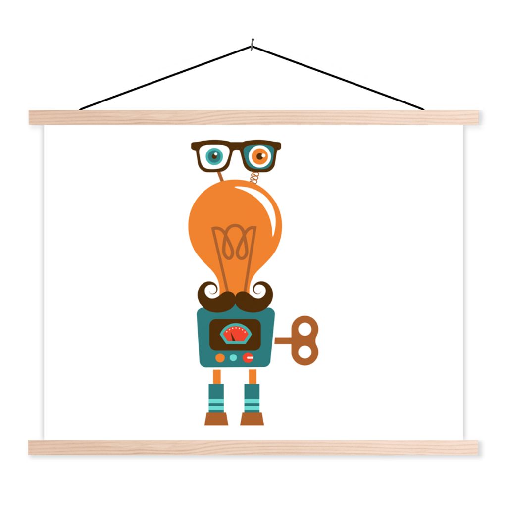 MuchoWow Textilposter Roboter - Brille - Schnauzbart - Kinder - Jungen 120x90 cm mit holzfarbenen Rahmen - Magnetisch