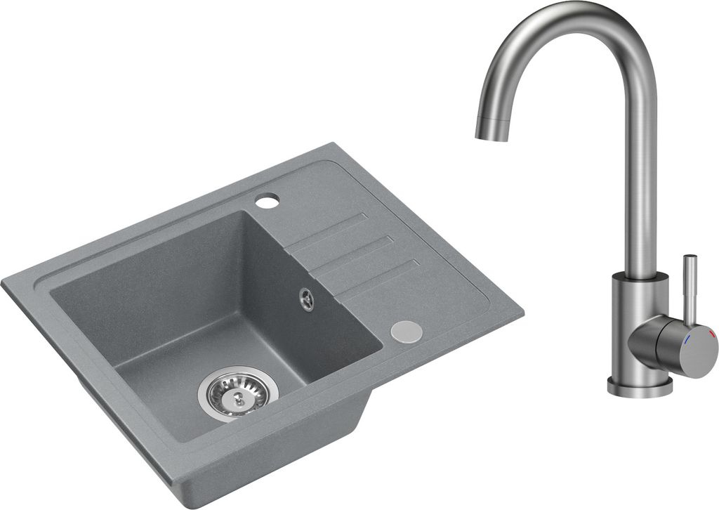 VBChome Spülbecken Granit Grau mit Armatur 55 x 44 cm Einzelbecken Einbauspüle Gesprenkelt Reversibel Granitspüle Siphon Waschbecken Armatur Inox