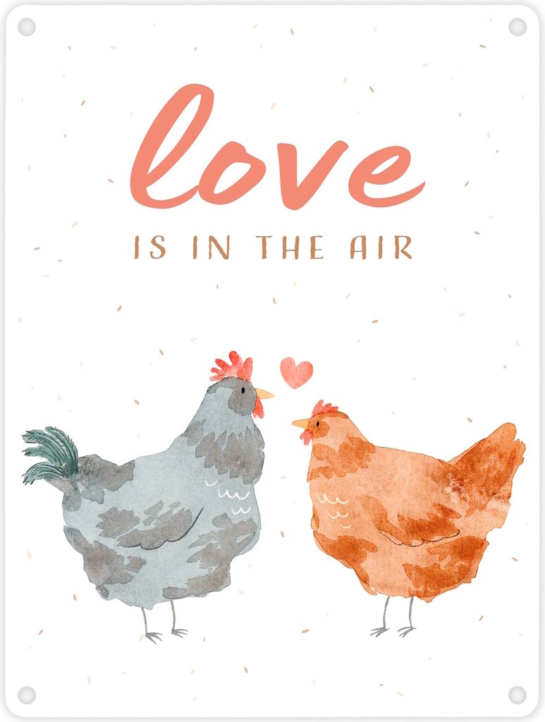 Hühner Metallschild in 15x20 cm mit Spruch Love is in the Produktbild 