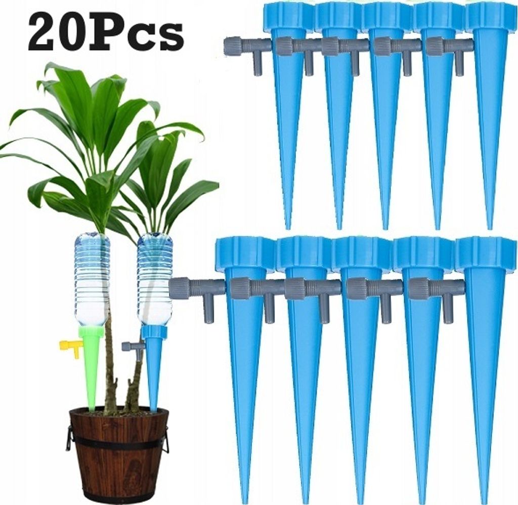 A product shot of automatic plant watering devices, with a few plants in a pot to demonstrate use.