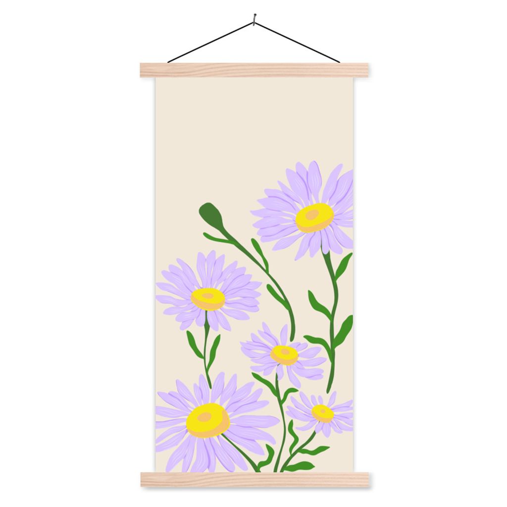 MuchoWow Textilposter Blume - Lila - Minimalismus 60x120 cm mit holzfarbenen Rahmen - Holz