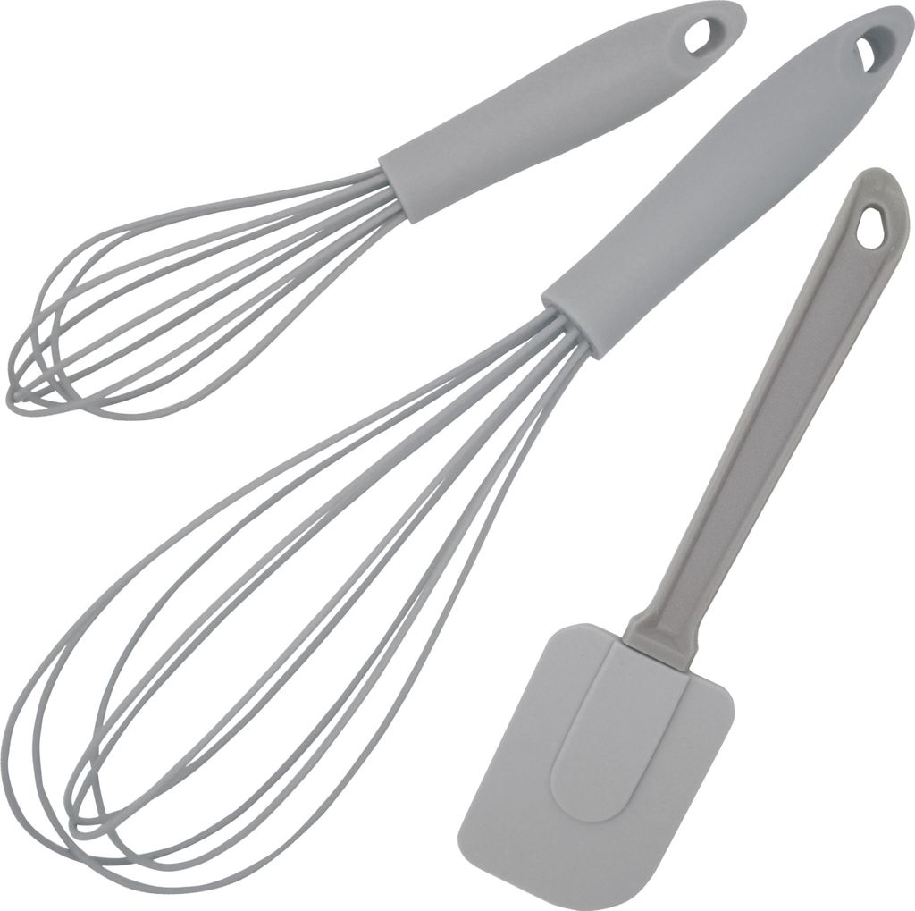 Linden Berg Schneebesen Set - 3-teiliges Küchenhelfer Set mit Teigschaber - Silikon beschichtet - ergonomisch - spülmaschinenfest - grau