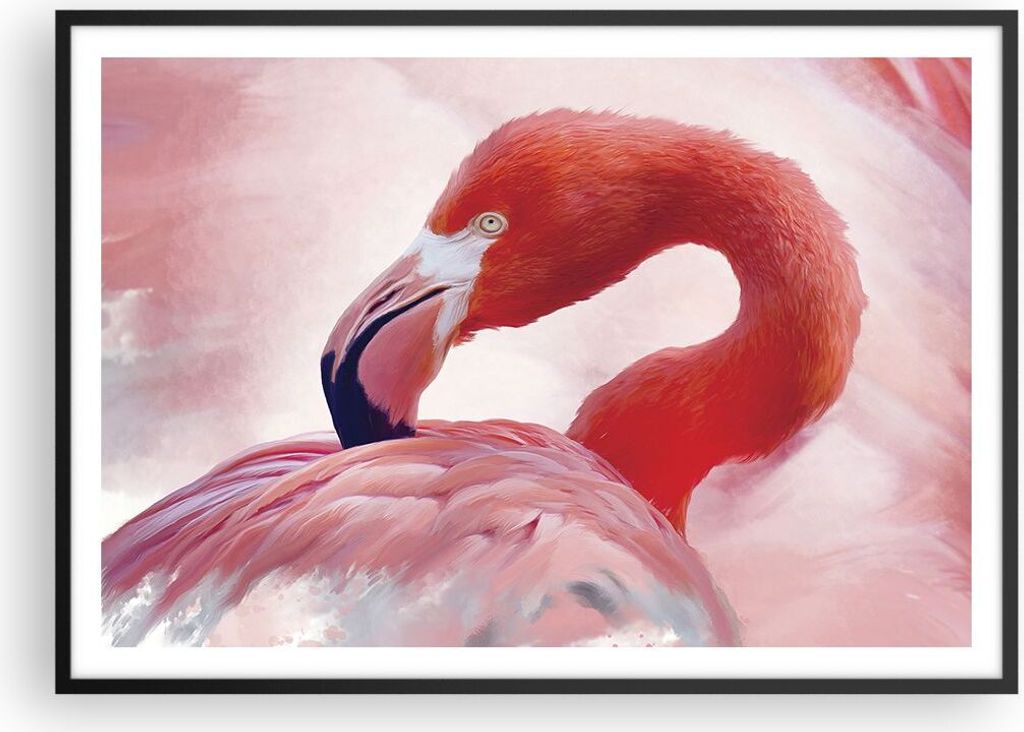 Gerahmtes Poster - Schwarzer Rahmen - Flamingo Vogel Porträt - 100x70 cm - Wand Bild - Wanddeko - Wandbilder - Kunstposter - Wandposter - Bilderra...