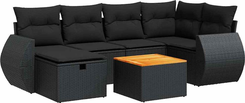 vidaXL 7-tlg. Garten-Sofagarnitur mit Kissen Schwarz Poly Rattan
