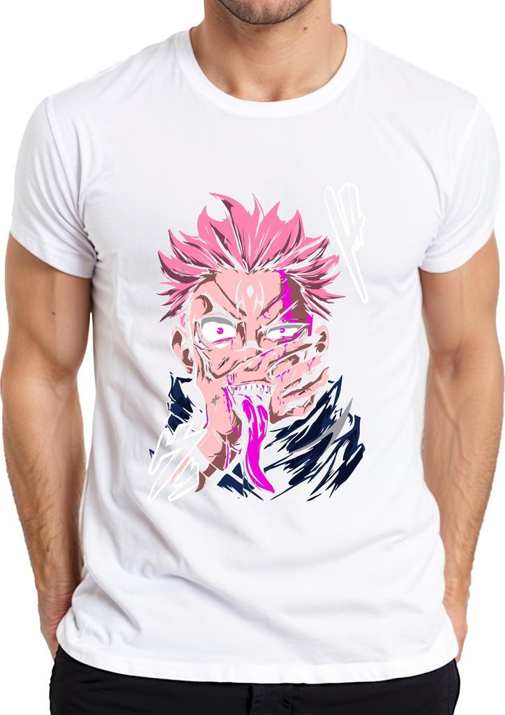 Anime Dämon rosa Haare Anime Ästhetik Zunge Fänge Horror Halloween Herren T-Shirt, Weiß, S