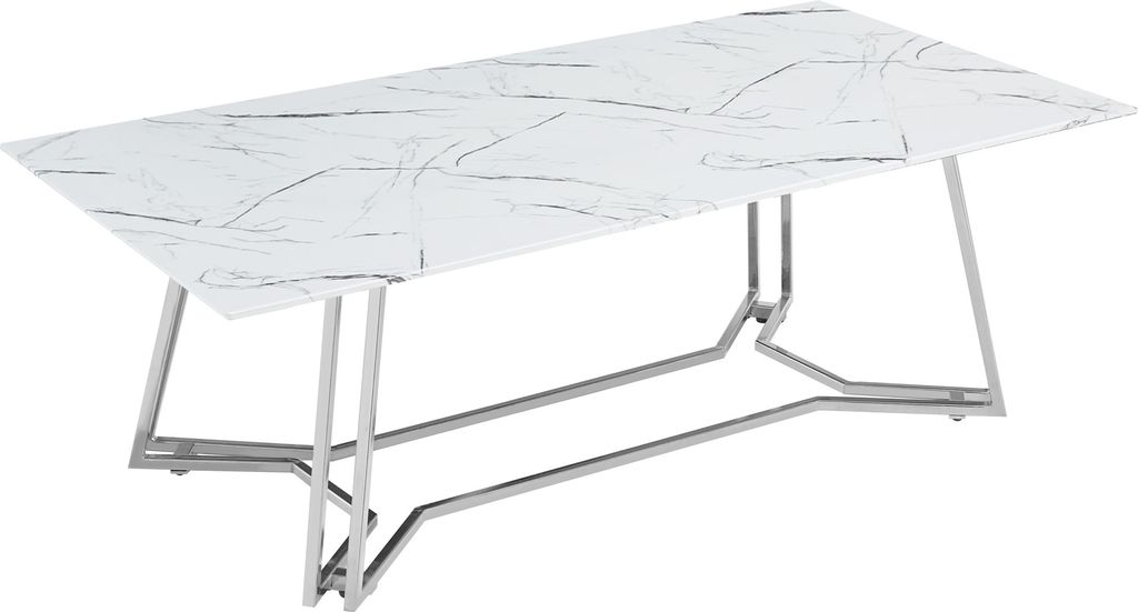 SalesFever Couchtisch 110 x 60 cm | Tischplatte Glas Marmor-Optik | Gestell Metall | B 110 x T 60 x H 40 cm | weiß – chromfarben
