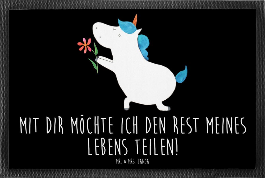 Mr. & Mrs. Panda Bodenvorleger Einhorn Blume 60 x 90 cm - Schwarz - Geschenk, Sauberlaufmatte, Schmutzmatte, Liebe, Schuhabstreifer, Schmutzfangmat...