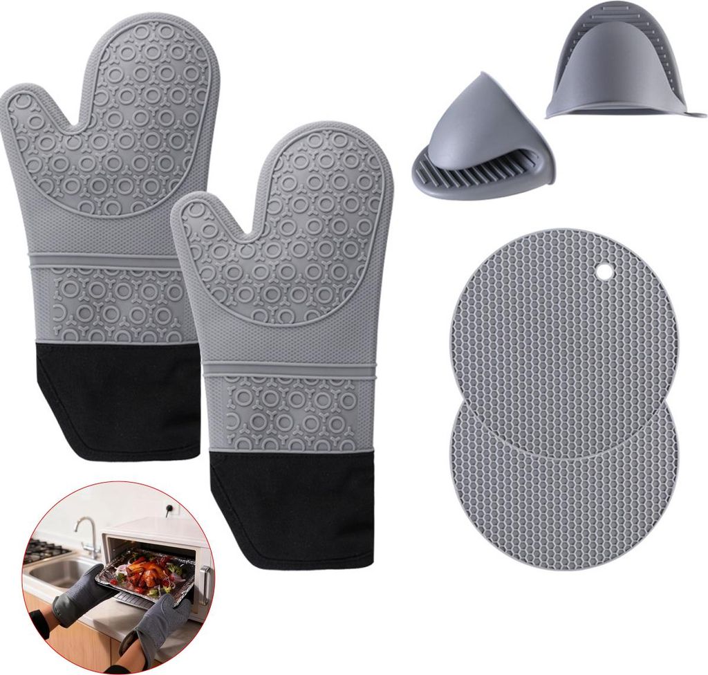 6-teilig Ofenhandschuhe Silikon isoliertes Handschuhe-Set,rutschfeste Küchenhandschuhe zum Backen, Grillen und Kochen, Küchenzubehör