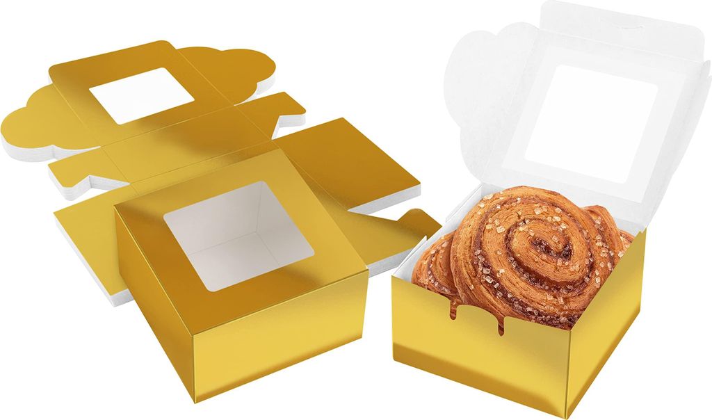 Belle Vous Geschenkboxen Pappe Gold Karton mit Sichtfenster für Gebäck (50Stk) 10,16x 10,16x 5,7cm Karton Boxen Kuchen Box Karton – Cupcake