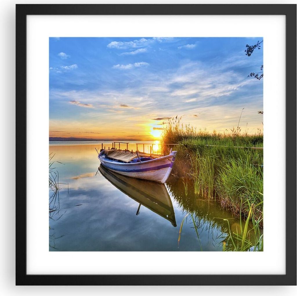 Gerahmtes Poster - Schwarzer Rahmen - See Boot Wasser - 40x40 cm - Wand Bild - Wanddeko - Wandbilder - Kunstposter - Wandposter - Bilderrahmen - Bi...