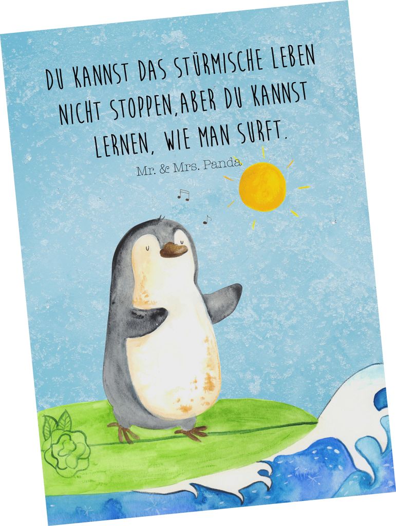 Mr. & Mrs. Panda Postkarte Pinguin Surfer - Eisblau - Geschenk, Urlaub, Optimistisch, bildkarte, Hawaii, Surfen, Motiviert, Postkarten, Ansichtskar...