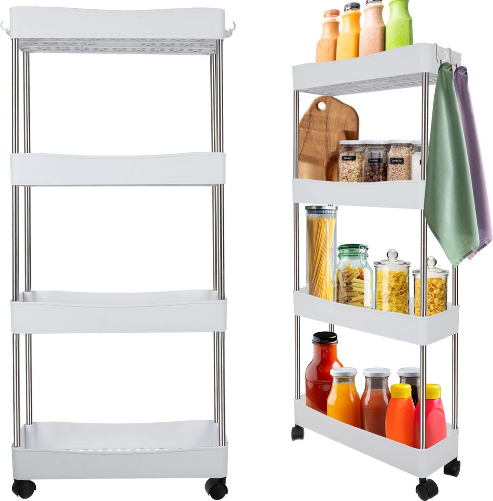 Two views of a white rolling storage cart, one empty and one filled with kitchen items.