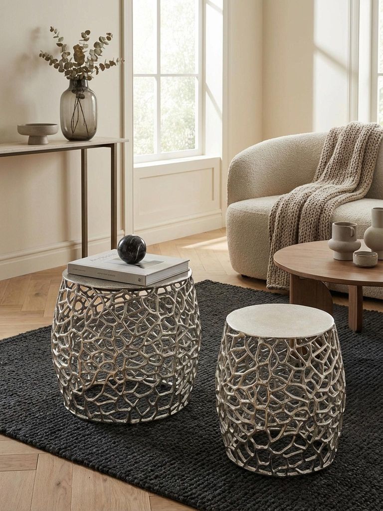 Beistelltisch 2er Set Aluminium Silber Design Satztisch Metall Rund, Wohnzimmertisch Couchtisch Ast-Struktur Modern, Sofatisch 2-teilig Wohnzimmer