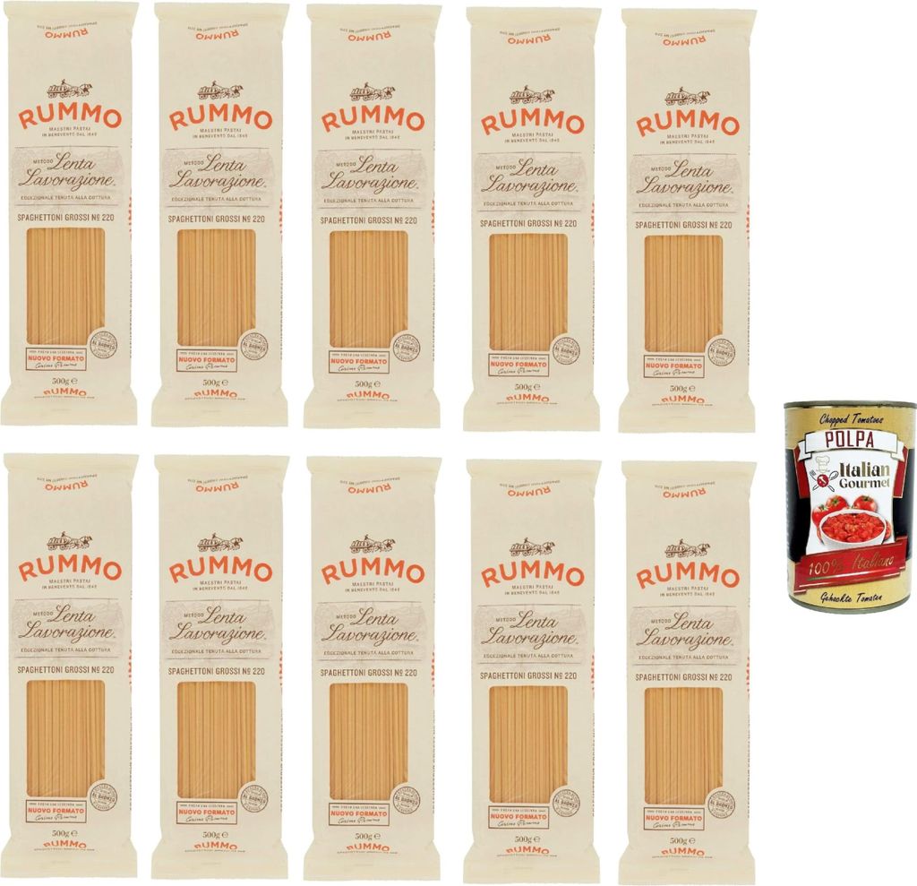 10x Rummo Spaghettoni Grossi N. 220 Hartweizengrieß Pasta Italienische Nudeln 500g Packung + Italian Gourmet Polpa di Pomodoro 400g Dose