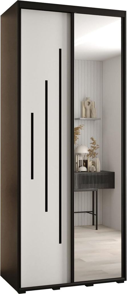 MEBLE KRYSPOL Cannes 13 Schrank mit 2 Schiebetüren - 205,2x100x45 cm - Schwarz Weiß Schwarz