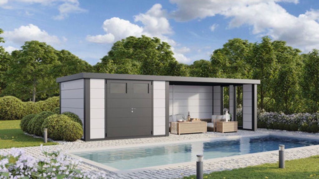 Gartenhaus Classico 3330 inkl. Lounge 3330 rechts mit Seitendach, Rück- und Seitenwand inkl. Fenster 691 x 318 cm weiß