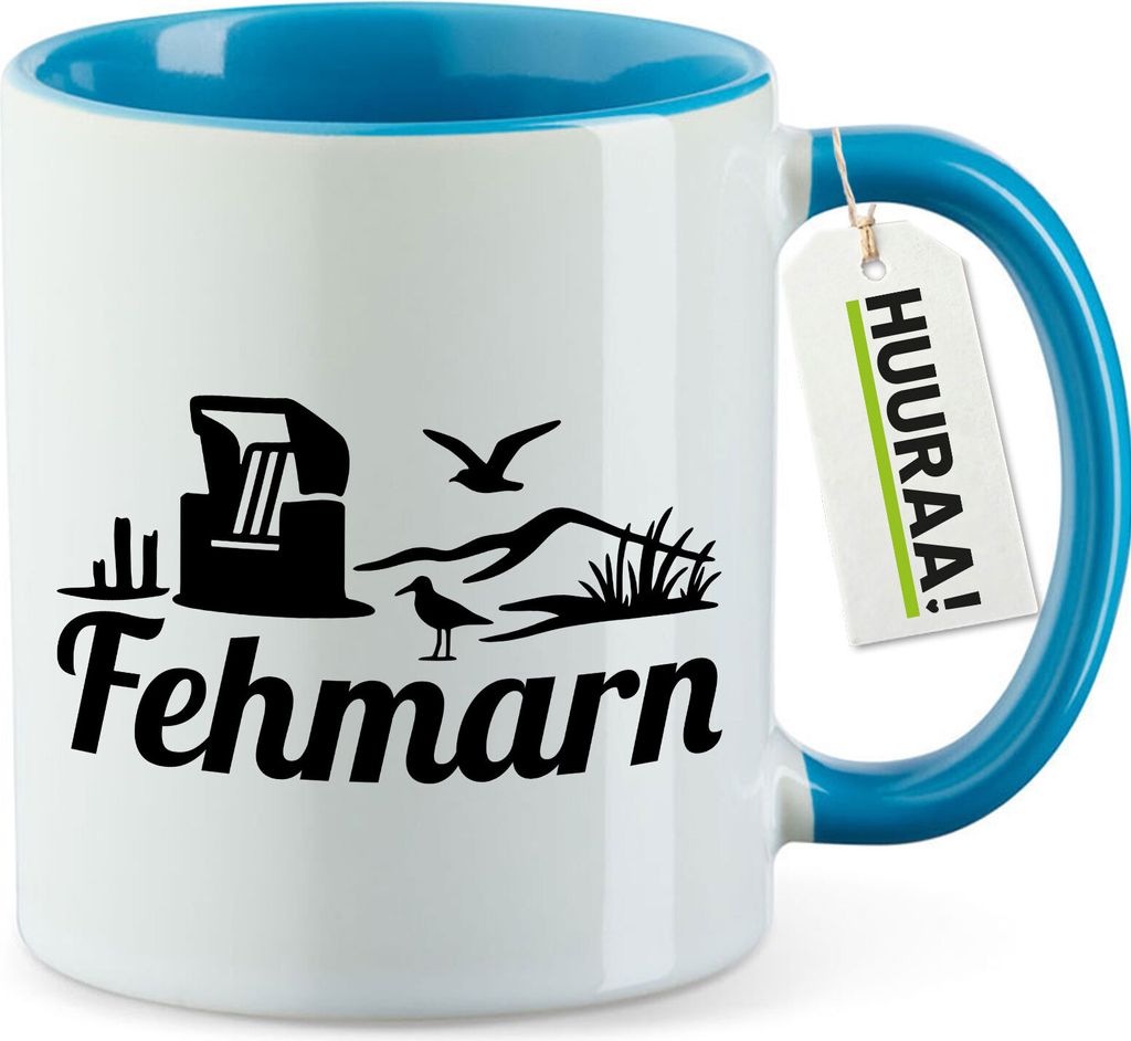 Huuraa Kaffeetasse Fehmarn Strandmotiv 330ml Blau Keramik Kaffeebecher Geschenkidee