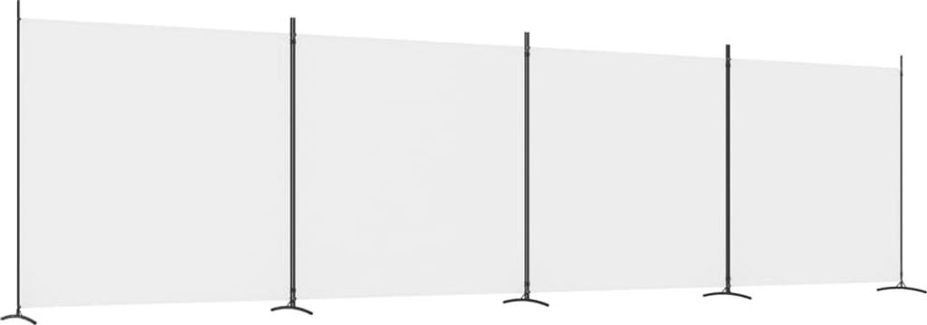 A long, white fabric screen divided into four sections by vertical poles, set up on a white background.