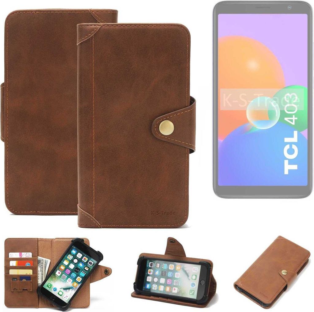 K-S-Trade Handyhülle kompatibel mit TCL 403 Schutz Hülle Walletcase Bookstyle Tasche Case Handytasche Wallet Flipcase Cover PolyurethanBraun (1x)
