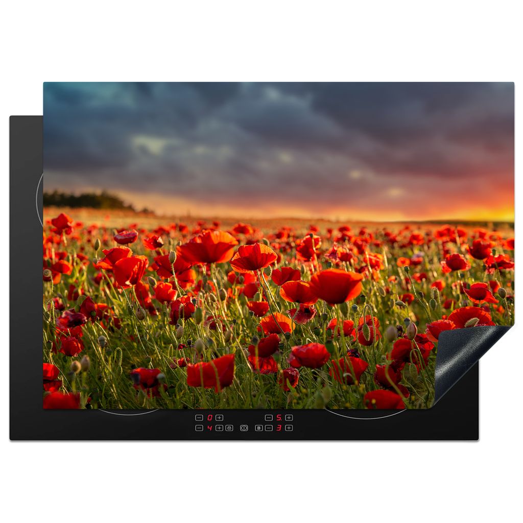 KitchenYeah Herdabdeckplatte Sonnenuntergang - Mohnblumen - Rot - Blumen - Feld - Natur , 75x52cm, Küche Deko, Glaskeramikkochfeld Herdabdeckung...