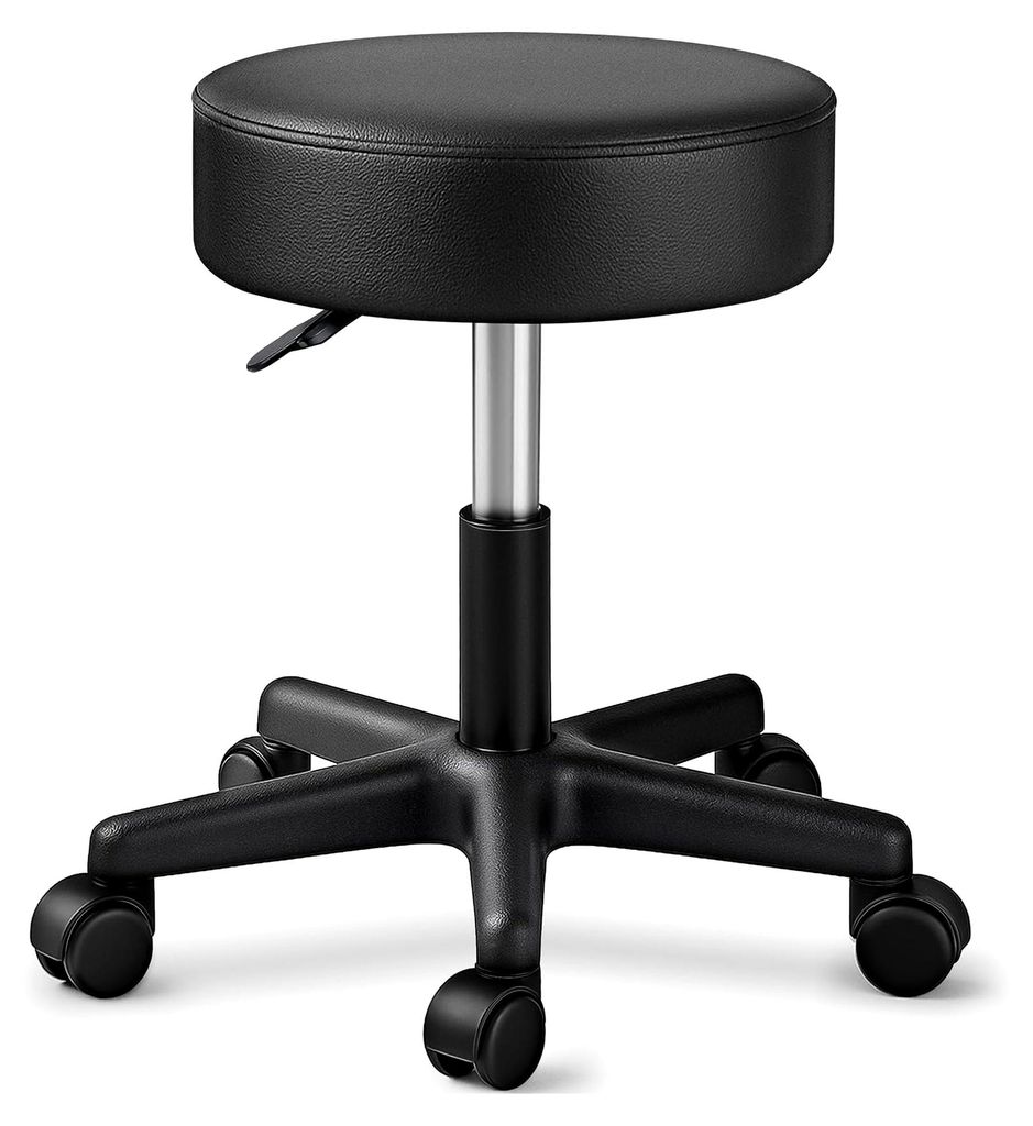 Höhenverstellbarer Rollhocker Schwarz bis 150 kg | Drehhocker mit 10 cm dicker Polsterung und Sitzhöhe von 47-60 cm | 360° drehbarer Arbeitshock...