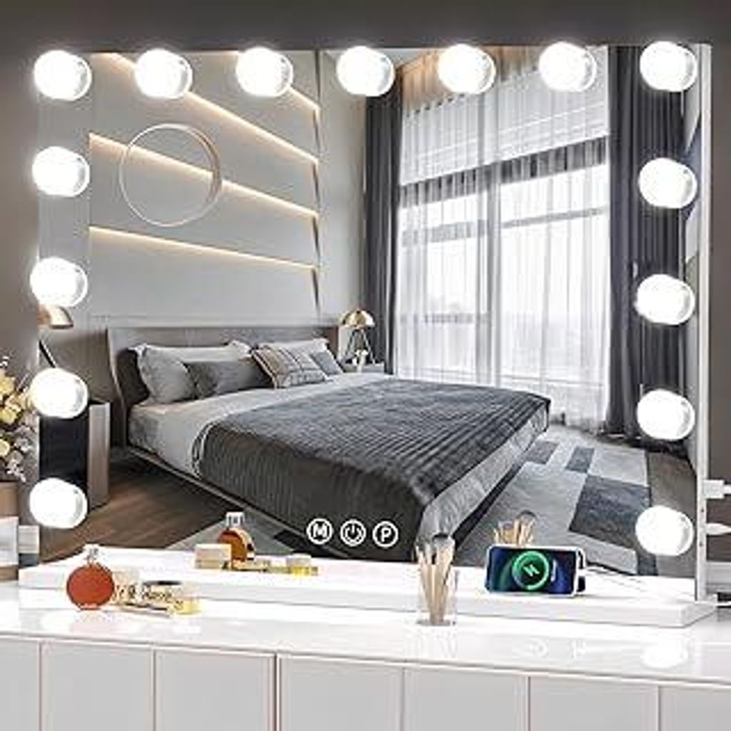 Schminkspiegel mit Beleuchtung Hollywood Spiegel, Vanity Mirror mit 15 LED Klein Kosmetikspiegel mit Licht Drehung Tischspiegel 3 Modi Schminktisch...