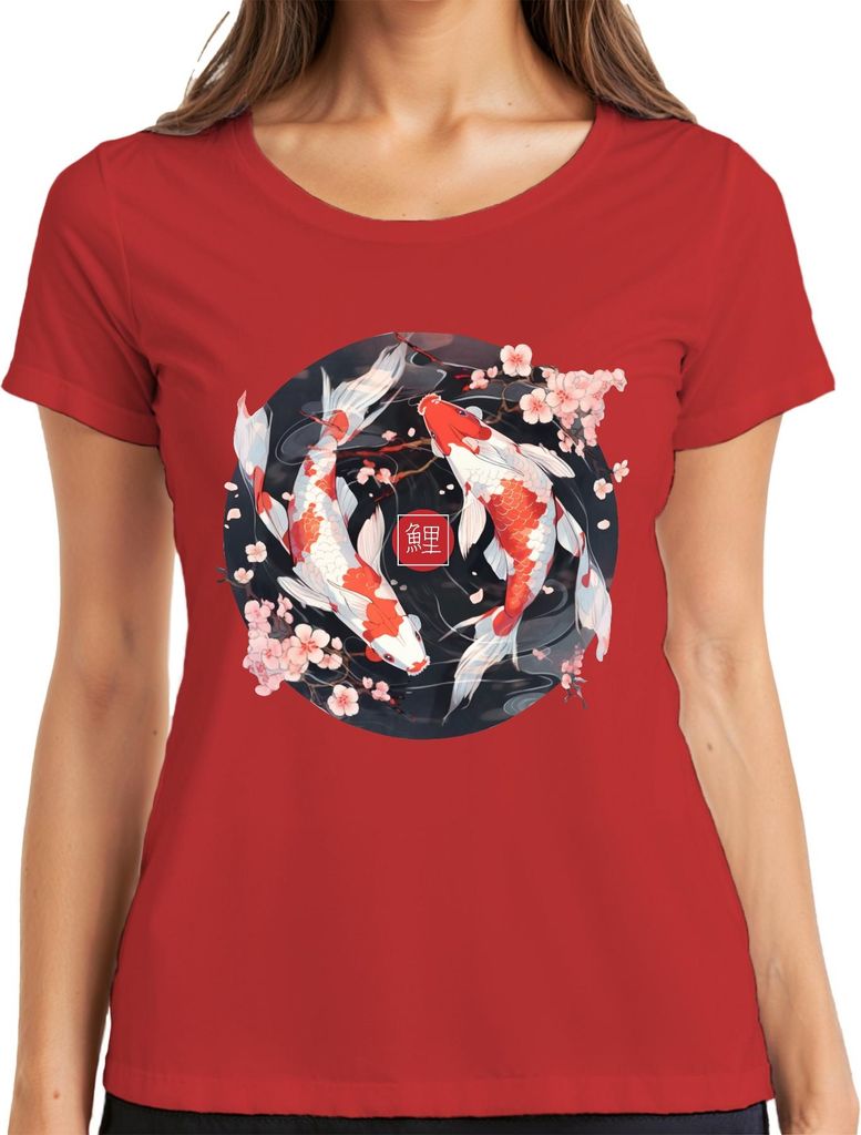 Koi Karpfen Sakura Japanisch Fische Zen Kirschblüten YinYang 鯉 Damen T-Shirt, Rot, XL