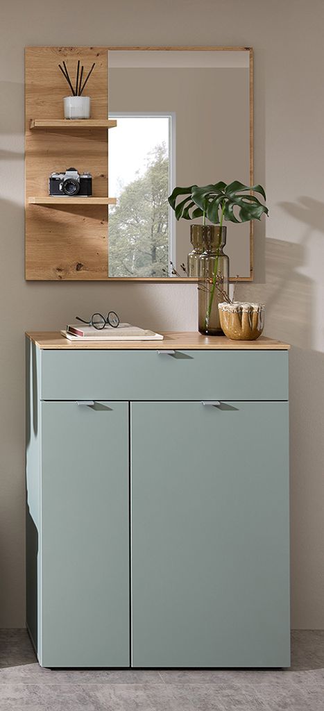 Garderobenspiegel und Flurkommode grün matt mit Eiche BLISS-36