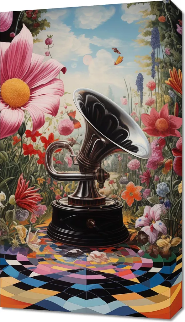 Déco Murale Musique : Platine vinyle dans les fleurs - Format 40x70 cm