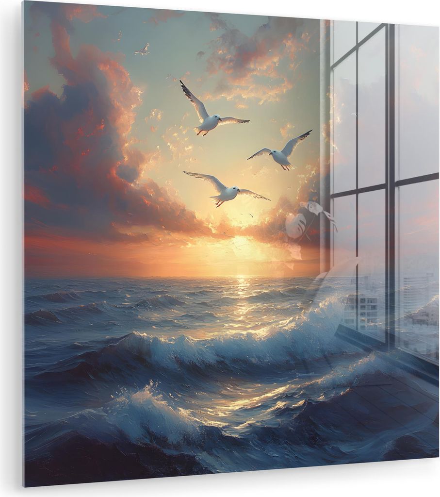 MuchoWow Glasbilder - Bilder auf Wandbild - Foto auf Glas Möwen - Sonnenuntergang - Meer - Wolken 30x30 cm Wanddekoration aus Glas - Acrylglasbild...