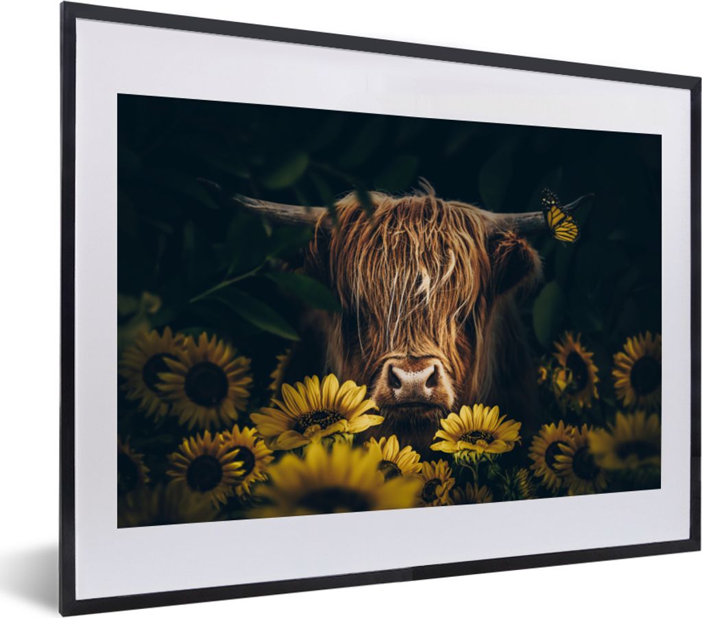 MuchoWow Gerahmtes Poster Schottische Highlander - Blumen - Kuh - Botanisch - Tiere 40x30 cm - Poster mit Schwarzem Bilderrahmen Wandposter Rahme...
