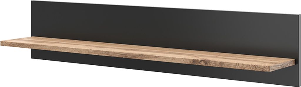 A wall shelf with a wooden surface and a black backing.