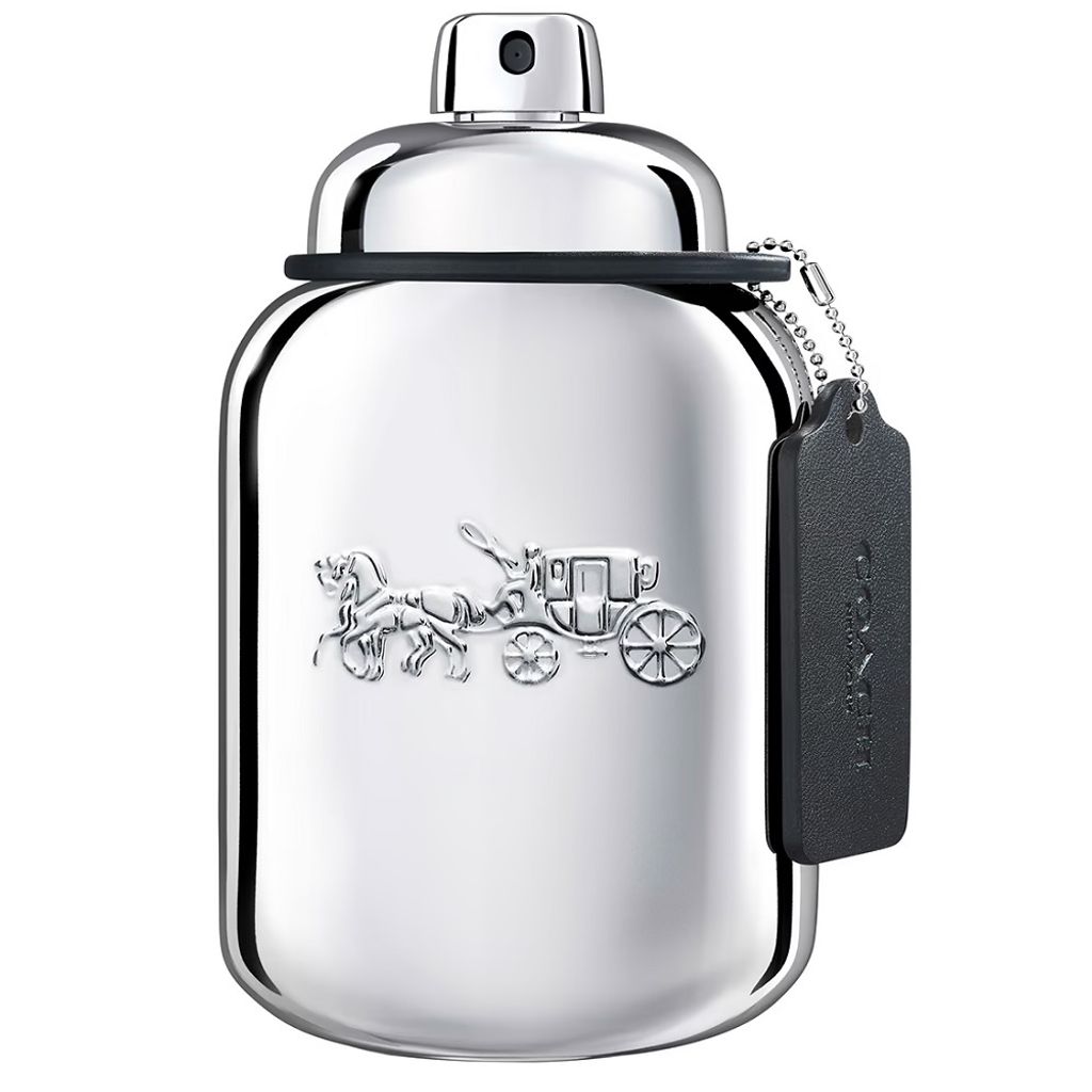 A silver perfume bottle with a black tag and a horse-drawn carriage emblem.