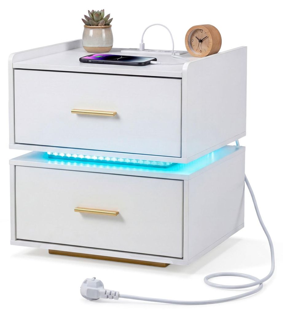 COSTWAY 1 St. Nachttisch mit LED & Ladestation, Nachtschrank mit 2 Schubladen & Metallfuß, moderner halb-schwebender Beistelltisch Weiß