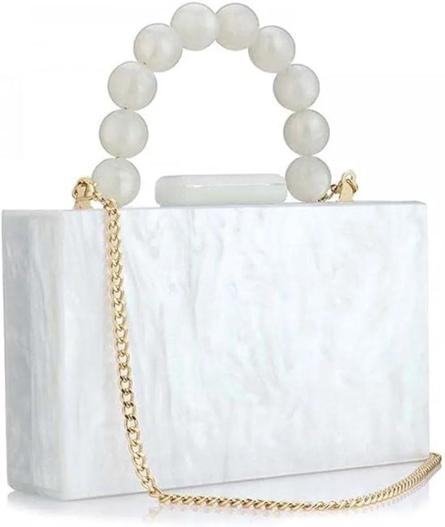 Pochette blanche en acrylique avec chaîne de perles pour femme chic