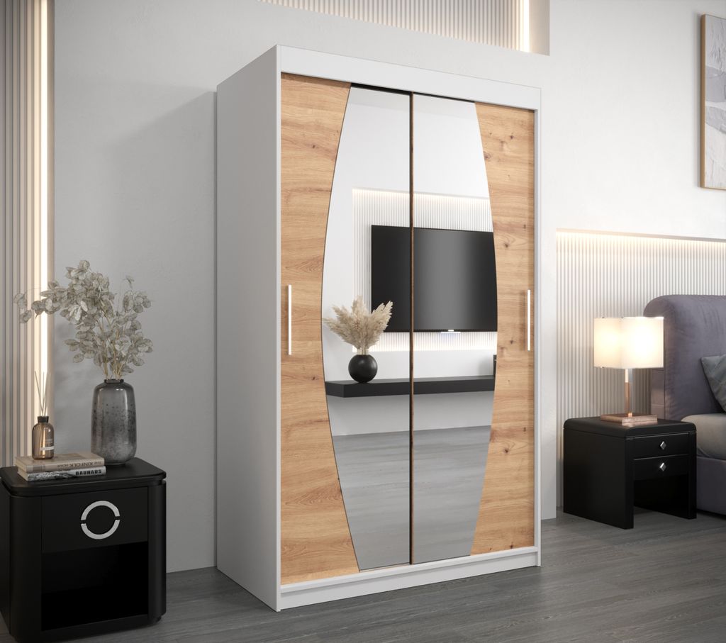 Kleiderschrank mit Spiegeln DARINA – Breite 120 cm, weiß/Eiche handwerklich gefertigt