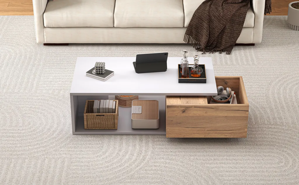 Fortuna Lai 90*50*30 cm Tavolino da caffè, cassetto girevole a 360°, tavolino con 1 cassetto, tavolino da salotto lucido con vano portaoggetti aperto, tavolino da divano, tavolino ausiliario, bianco + colore legno - 9
