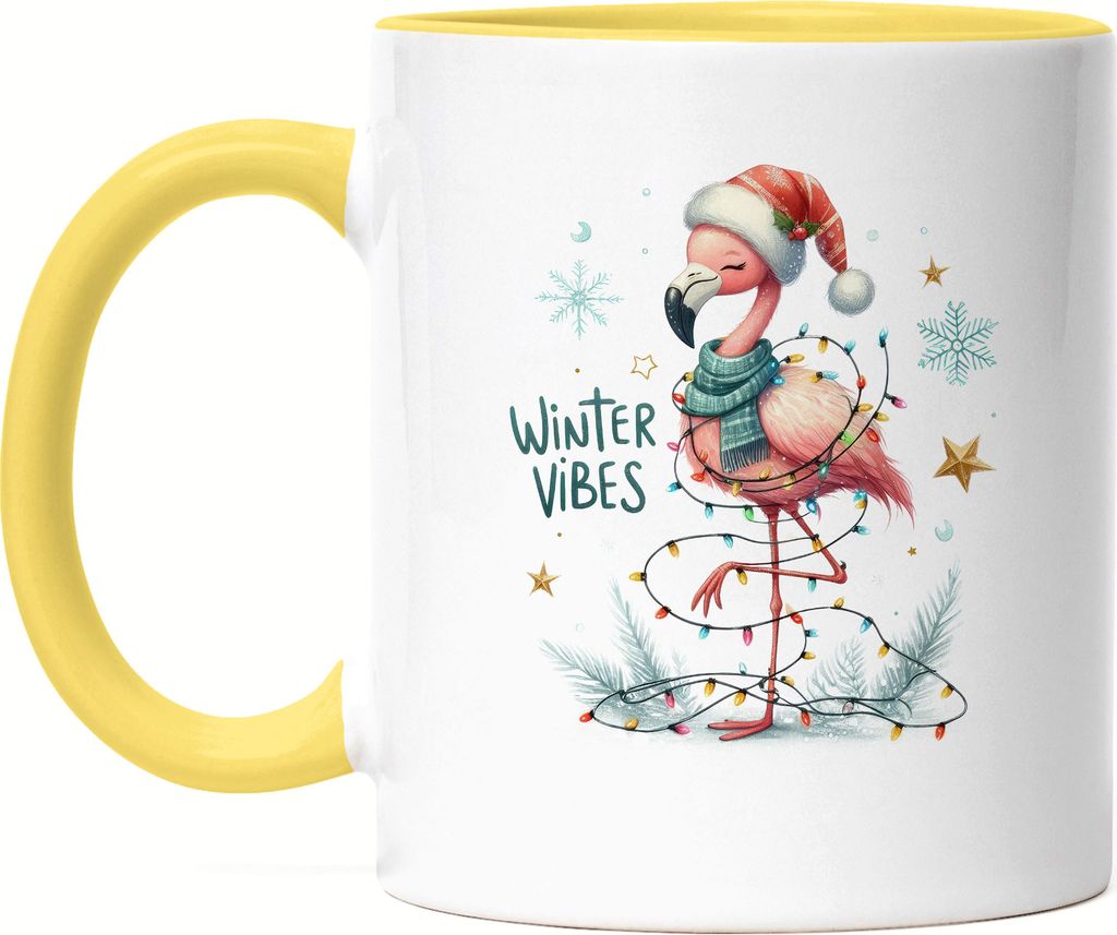 Winter Vibes Lustiges Flamingomotiv Tasse Gelb Geschenkidee witziges Design Weihnachten