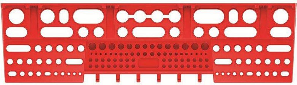 A red tool organizer with many holes for tools.