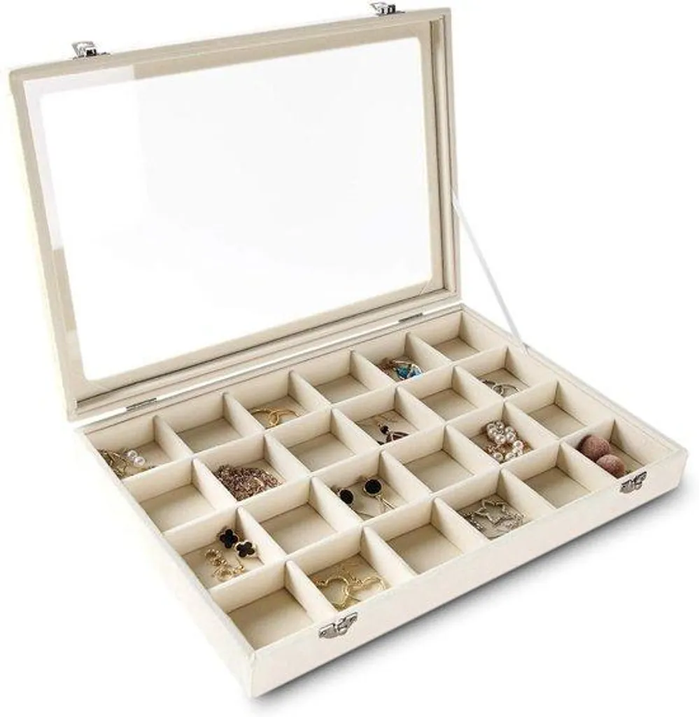 Présentoir bijoux 24 compartiments vitré et boîte cadeau rembourrée