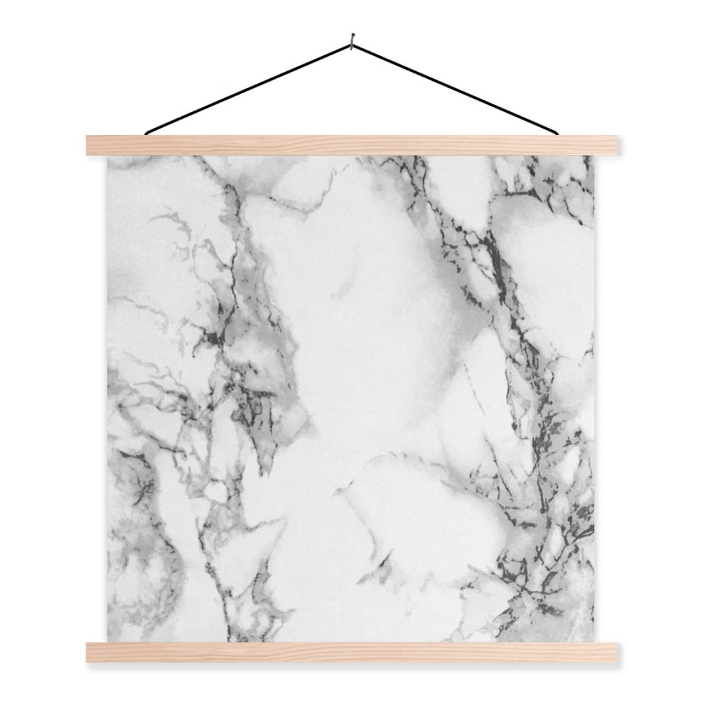 MuchoWow Textilposter Marmor - Stein - Weiß - Grau - Schwarz - Marmoroptik 120x120 cm mit holzfarbenen Rahmen - Textil-Poster