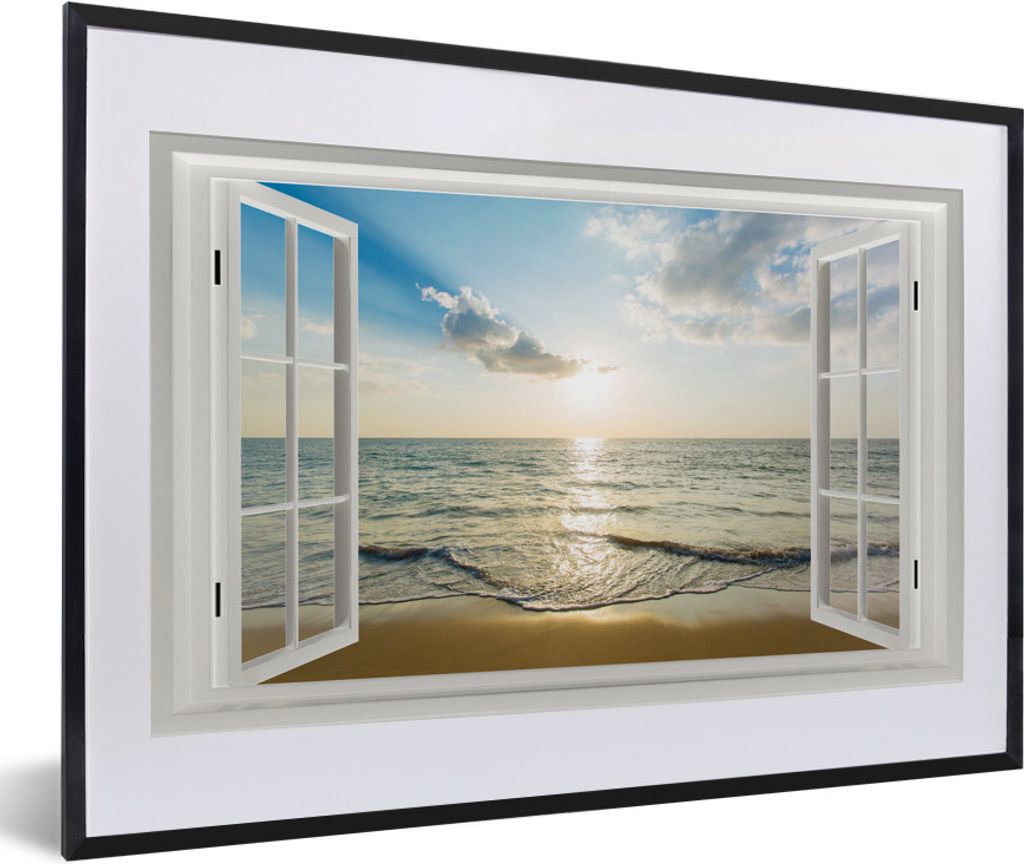 MuchoWow MuchoWow Gerahmtes Poster Aussicht - Sonne - Meer 60x40 cm - Poster mit zchwarzem Bilderrahmen - Schlafzimmer - Plakat in Rahmen - Dru...