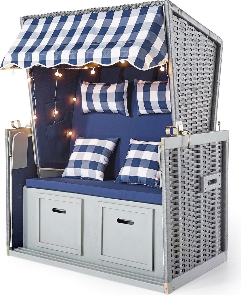 Strandkorb "Anker" blau, 2-Sitzer  mit maritimen Design und Produktbild 