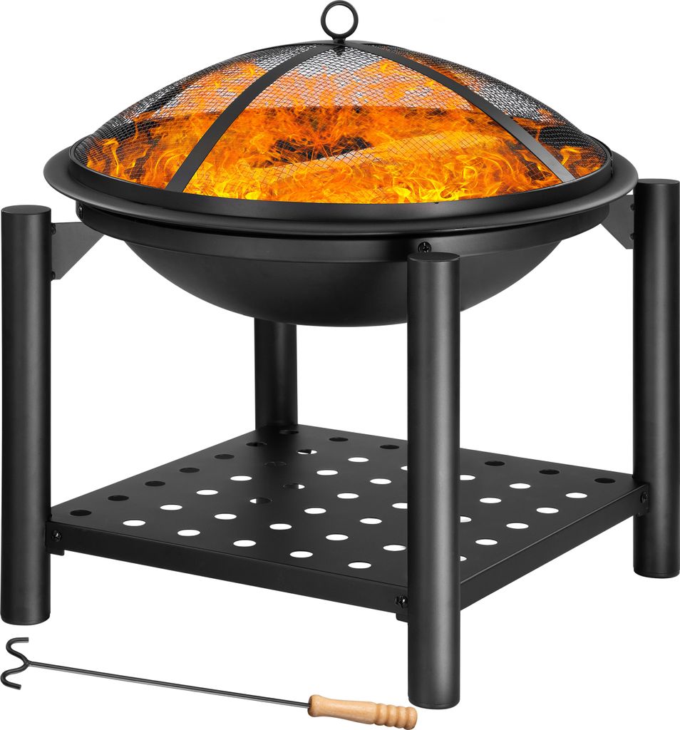 GARDEBRUK Feuersschale mit Funkenschutz Abdeckung Schürhaken Rund 55cm Holz Ablage Stahl Schwarz Feuerstelle Feuerkorb Garten Terrasse Kamin Grill