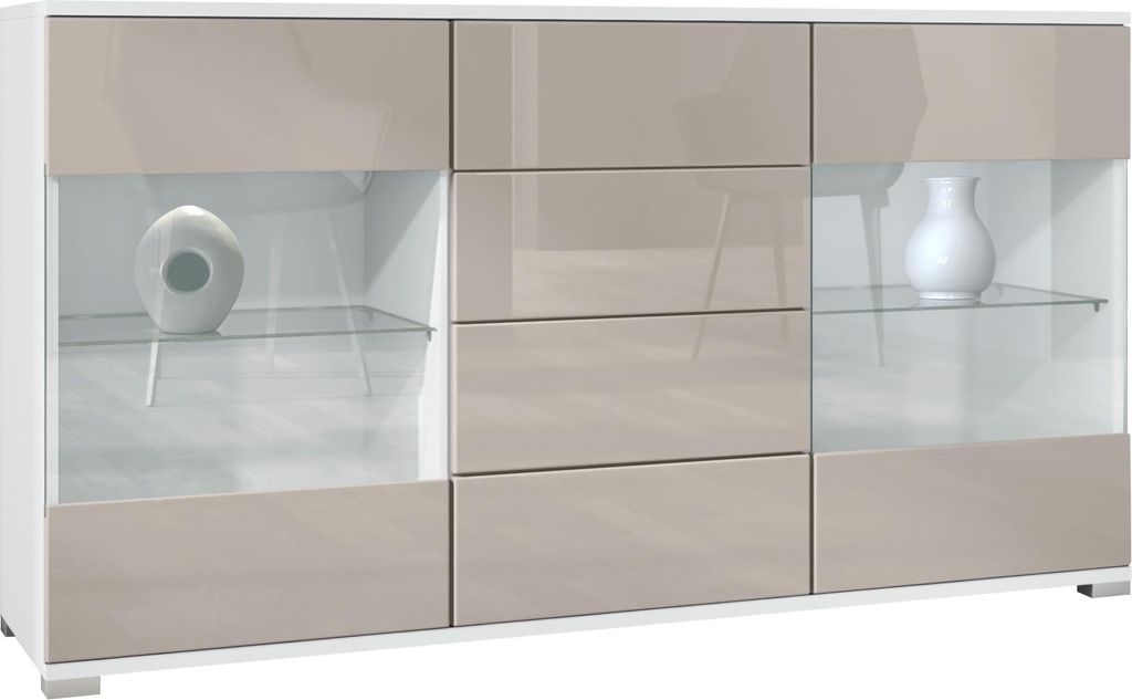 Vladon Sideboard Bari V1, Kommode mit 2 großen Türen und 4 Schubladen, Weiß matt/Sandgrau Hochglanz (138,5 x 75,5 x 35)