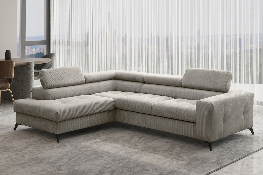 Kaiser Möbel Ecksofa mit schlaffunktion und bettkasten, Sofa L-form, Couch L-form Arcadi Dicker Cord Hellbeige Links